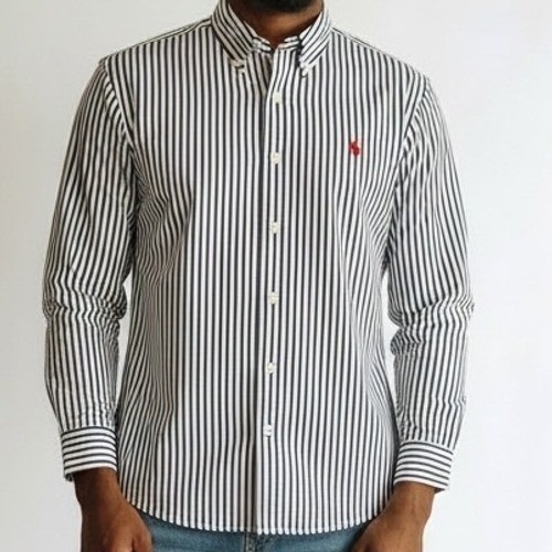 Ralph Lauren Mens Xl Custom Fit Button Down Shirt Navy Blue White Stripe Cotton